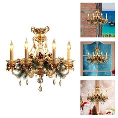 a chandelier with candles and christmas decorations