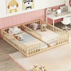 two baby cribs with stuffed animals on them in a child's room