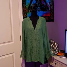 Nwot Jade Bohemian Styled V-Neck Pullover Blouse, Long Sleeved With Beautiful Crochet Detailed Design Along The Front And End Of Sleeves In A Size 18/20. Very Soft Sheer Material. 60% Rayon 40% Polyester. Brand-New Never Worn. Purchased At Ashley Stewart. Green V-neck Tunic For Fall, Spring V-neck Blouse With Crochet Lace, Fall Crochet V-neck Top With Crochet Trim, Bohemian V-neck Lace Top For Vacation, Casual V-neck Blouse With Boho Collar, Bohemian V-neck Crochet Lace Top, Bohemian V-neck Blouse With Boho Collar, Green Hippie V-neck Top, Bohemian Long Sleeve Crochet Top For Vacation