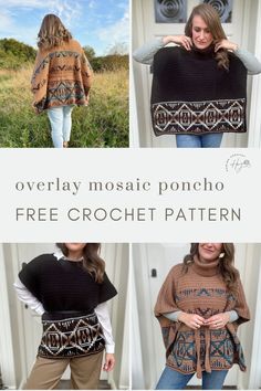 4 images of a woman wearing a crochet poncho - 2 in black and 2 in mustard yellow with blue geometric detail Autumn Crochet Patterns, Chunky Yarn Patterns, Crochet Poncho Pattern, Fair Isle Crochet, Overlay Mosaic Crochet, Maze Pattern, Holiday Crochet Patterns, Autumn Crochet, Advanced Crochet