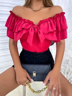 This Off Shoulder Ruffle Trim Knot Front Bodysuit is perfect for a night out. The bodysuit comes in a stunning red color and features ruffle trim detailing with a knot front design. The off-the-shoulder neckline and butterfly sleeves add a touch of femininity to the Look. making it a great option for a variety of occasions. Pair it with your favorite high-waisted pants or skirt for a complete look. Features: Color: Red Style: Elegant Pattern Type: Plain Type: Shirt Neckline: Off the Shoulder Det Shirt With Ruffles, Ruffles Sleeves, Comfy Jumpsuits, Red Style, Butterfly Sleeves, Red Shirt, Womens Bodysuit, Style Elegant, Front Design