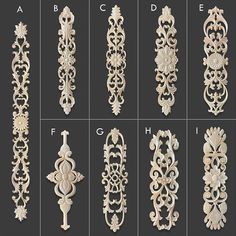 the different styles and designs of decorative wall hangings are shown in this set, including ornate