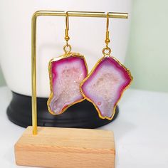 Handmade 18k Gold Trimmed Framed Genuine Sliced Druzy Agate Crystal Earrings 1 Of A Kind! Stunning! Pics Don't Show The Glittery Sparkly. These Are Really Beautiful. I Accept Reasonable Offers And Discount Bundles!! Check Out My Other Listings And Follow Me!! I Have Over 4500 Listings And Offer Buy2 Get 3rd Free Or 30% Off 5+ Items At Poshmark.Com/Closet/Pepepizzazz On Posh App, Use My Invite Code "Pepepizzazz" For Extra $10 Coupon Gold Agate Gemstone Earrings, Gold Agate Earrings For Jewelry Making, Handmade Gold Agate Earrings, Agate Gemstone Earrings Gift, Agate Gemstone Earrings For Gifts, Pink Natural Stone Earrings For Gift, Triangle Studs, Jasper Earrings, Druzy Earrings