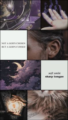 a collage of photos with text that reads not a god's chosen but a gods cursed soft smile tongue