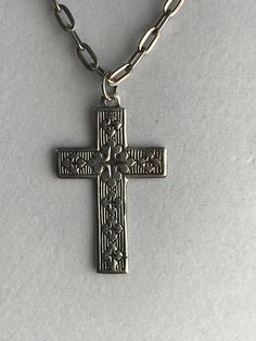 Sterling silver cross with chain Silver Cross Necklace With Chain, Silver Cross Necklace With Chain Pendant, Silver Chain Cross Jewelry, Silver Crucifix Cross Necklace With Chain, Sterling Silver Cross Necklace With Pendant, Vintage Silver Sterling Silver Cross Necklace, Vintage Sterling Silver Cross Necklace, Silver Cross Necklace Stamped 925, Silver 925 Stamped Cross Necklace