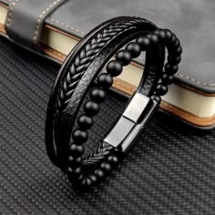 Paracord Leather Bracelet, Rugged Bracelets, Watches Women Leather, Genuine Leather Bracelet, Black Leather Bracelet, Multi Strand Bracelet, Natural Stone Bracelets, Mens Leather Bracelet, Black Bracelets