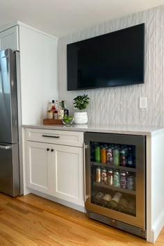 Kitchen beverage center in gray and white kitchen. Wavy Subway Tile, Gray And White Kitchen Cabinets, Kitchen Beverage Center, Hickory Kitchen, Kitchen Beautiful, Beverage Station, Kitchen Improvements, Gray And White Kitchen, Salon Suites Decor