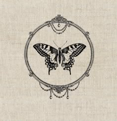 a black and white drawing of a butterfly in a circular frame on a beige background