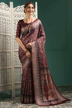 Product Features: Saree Color: Maroon Blouse Color: Maroon Saree Fabric: Manipuri Silk Blouse Fabric: Manipuri Silk Saree Type: Block Print Saree Work: NA Saree Pattern: Digital Print Saree Print : Botanical Blouse Print Or Pattern: Floral Saree Border: Printed Saree Discription: 5.5 mtr saree And 0.8 mtr blouse Package Contain: 1 Saree 1 Blouse Wash: Dry Clean Occasion: Party/Wedding/Evening/Event Product: Saree Disclaimer: There will be slight difference in digital to actual image Red Sequin Saree, Maroon Saree, Burgundy Blouse, Grey Saree, Floral Saree, Block Print Saree, Indian Silk Sarees, Ethnic Sarees, Black Saree