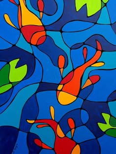 an abstract painting of fish swimming in the water