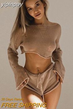 Beach Crop Top, Female Suit, Beach Crop Tops, Crop Top Shorts, Shorts Sets, Crop Top And Shorts, Summer Swim Suits, Loose Outfit, Knit Long Sleeve