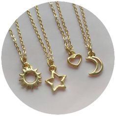 Best Friends necklaces, set of two, three or four! Or just four for yourself ;) Your choice of 10mm gold plated pewter Moon, Sun, Heart or Star pendant on 18” gold plated brass necklace, with tiny clasp closure. Also available in silver: https://www.etsy.com/ca/listing/500073607 One Four Friends Necklaces, Necklaces For 4, Matching Necklaces For 4 Best Friends, Best Friend Necklaces For 4 People, Handmade Gold Charm Necklaces For Best Friend, Handmade Gold Charm Necklace For Best Friend, Gold Round Charm Necklace For Best Friend, Gold Round Charm Necklaces For Best Friend Gift, Gold Round Pendant Necklace For Best Friend