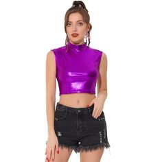 The shiny metallic crop top can be added to your top collection. Suitable for many occasions, such as parties, clubwear, holidays, and dance club raves. Pair with any tight trousers or short skirts for a chic and hot look. Made from shiny Metallic Fabric, this tank top will make you stand out in the crowd. Believe you will need a tank top like this to match your pants. Fitted Sleeveless Disco Top, Y2k Fitted Party Tops, Shiny Summer Club Tops, Disco Style Sleeveless Club Tops, Sleeveless Disco Tops For Club, Shiny Top For Club And Party Season, Metallic Crop Top For Party Season, Purple Summer Crop Top For Parties, Shiny Sleeveless Club Tops