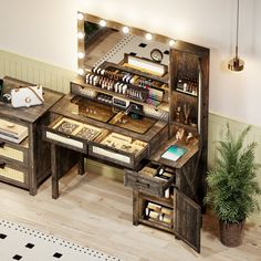 a wooden desk with drawers and lights on it