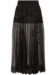 Black silk-cotton blend lace-detail midi skirt from DOLCE & GABBANA featuring floral-lace detailing, transparent design, high waist and mid-length. | Dolce & Gabbana Lace-Detail Midi Skirt Deep Sea Mermaid, Chiffon Midi Skirt, Applique Skirt, Rock Look, Inner Me, Midi Skirt Black, Sea Mermaid, Lace Midi Skirt, Online Closet