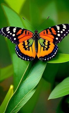 an orange and black butterfly sitting on top of a green leaf