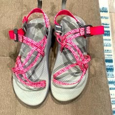 Never Worn Adorable Pink And Gray Size 5 Chaco Sandals Comfortable Pink Round Toe Sandals, Comfortable Pink Open Toe Sandals, Non-slip Pink Sandals For Summer, Pink Fun Sandals For Vacation, Comfortable Pink Sandals For Vacation, Cute Pink Flat Sandals, Pink Non-slip Sandals For Vacation, Comfortable Pink Synthetic Sandals, Casual Pink Sandals With Round Toe