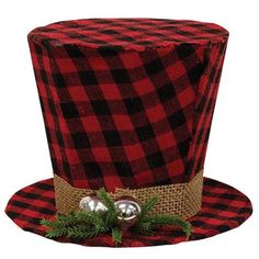 a red and black plaid hat with bells