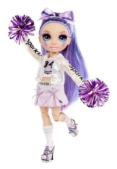 a doll with purple hair holding two pom poms in one hand and a cheerleader outfit on the other