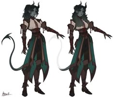 the concept art for an upcoming game character is shown in two different poses, one with horns and claws on her head