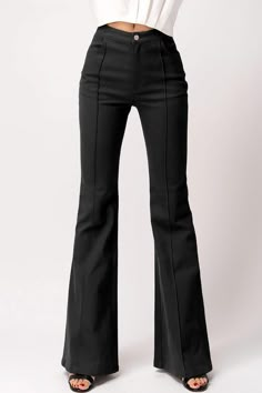 Specifications: Wide Flare Bootcut Denim Style High Rise Center seam Single Button Zipper close 97% Cotton 3% Spandex Sizing: Small 2-4 Medium 6-8 Large 10-12 Inseam 34"-36" Black Work Pants Women, Flared Black Pants, Luxury Wide-leg Flare Jeans For Women, Edgy Fitted Full-length Flare Jeans, Black Full-length Flare Jeans, Fitted Flare Pants With Button Closure, Non-stretch Flared Hem Pants, Flare Black Pants, Black Denim Pants