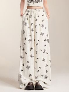 These wide-leg pants are designed to be both flattering and stylish, perfect for those looking to achieve a slimmer silhouette. The pants feature an all-over butterfly print adorned with rhinestone embellishments, adding a touch of sparkle and elegance. The design is full of creativity, making these pants not only cute but also youthful and refreshing.  Please note that the price includes one pair of pants only.   	 		 			Size 			S 			M 			L 		 		 			Length 			104 			105 			106 		 		 			Waist Casual Bottoms With Butterfly Embroidery For Spring, Casual Summer Bottoms With Butterfly Print, Casual Butterfly Print Bottoms For Summer, Summer Cotton Bottoms With Butterfly Print, Decorated Pants, Thrift Flips, Steampunk Fashion Male, Gothic Skirts, White Knit Top