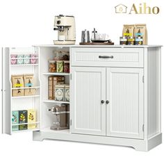 an image of a white kitchen cabinet with shelves