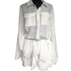 Guess Women's Ruffle Shirt Dress Size: S Model: W42k63w5qi0 Color: True White 100% Polyester Size: Small Brand New With Tag 100% Authentic Feminine Ruffled Summer Shirt Dress, Feminine Ruffled Shirt Dress For Summer, Summer Feminine Ruffled Shirt Dress, Feminine Summer Shirt Dress With Ruffles, Feminine Ruffled Shirt Dress For Spring, White Ruffled Shirt Dress For Work, White Ruffled Shirt Dress For Day Out, Feminine Shirt Dress With Ruffles For Spring, Chic Ruffled Shirt Dress For Daywear