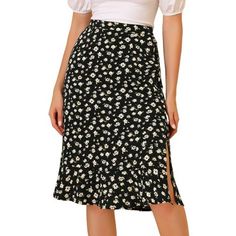 Through the summer seasons in this effortlessly chic flowy skirt. In a midi silhouette that wraps around, this skirt exudes the spring-summer feel we can't wait for. Sitting high on the waist, the light and breezy fabric trimmed with ruffles fall to a split skirt for impact and movement as you walk. Cut in a relaxed, flared shape, this skirt is designed with button closure at side flattering for showing your looming legs. Adding a beautiful floral flourish for feminine appeal, this style is a fu Split Midi Skirt, Midi Skirt Black, Flower Skirt, Split Skirt, Floral Midi Skirt, Floral Print Skirt, Black Midi Skirt, Summer Skirts, Flowy Skirt