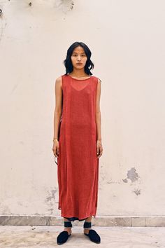 Festive Sleeveless Silk Maxi Dress, Sleeveless Sheer Maxi Dress For Summer, Sheer Sleeveless Sundress, Red Maxi Length Slip Dress For Summer, Red Maxi Slip Dress For Summer, Sheer Sleeveless Slip Dress For Beach, Sheer Sleeveless Maxi Dress, Maxi Length Dress With Side Slits, Sleeveless Silk Dress For Festive Occasions