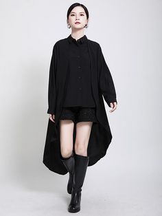 573545 Versatile Black Fall Shirt, Black Irregular Tops For Fall, Irregular Black Tops For Spring, Black Shirt For Layering In Spring, Black Irregular Top For Spring, Black Asymmetrical Hem Top For Work, Black Asymmetrical Office Top, Black Asymmetrical Top For Work, Asymmetrical Black Top For Office