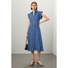 Blue (100% Cotton). Casual dress. Cap sleeves. Collared neckline. Front zipper fly with button closure. 47" from shoulder to hemline. Imported. Elegant Short Sleeve Denim Workwear Dress, Elegant Short Sleeve Denim Dress For Work, Elegant Short Sleeve Denim Dress, Chic Short Sleeve Denim Dress For Daywear, Elegant Denim Dress With Button Closure For Work, Elegant Denim Daywear Dress, Elegant Denim Dress With Button Closure, Elegant Short Sleeve Denim Summer Dress, Elegant Denim Dress For Daywear