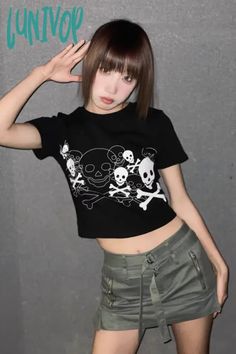 Lunivop Korean Fashion Women's Sexy Cropped Top Summer Short Shirts Croptop Harajuku Streetwear T-shirts Clothes Horror Skull Graphic Kawaii Leg Warmers, Net Stockings, Streetwear T Shirts, Skull Graphic, Harajuku Streetwear, Korean Fashion Women, Fishnet Stockings, Leggings Pattern, Trendy Collection