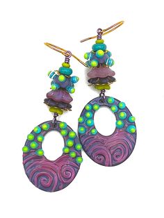 "Hoop Earrings, Funky Hoop Earrings, Welcome to the FUN HOUSE, Colorful Earrings, Enamel Earrings, TwinklingOfAnEye, Funky Earrings, Wacky  #1732 Welcome to the FUN HOUSE! These colorful, hand-painted glass enamel hoops from @BeaStoertz are simply OFF the charts - wild and wacky, and right up my alley! 😉 I absolutely LOVE the oodles of canoodles (double lampwork dots swirly swirls, and buckets of personality. Don't you just want to smile you look at them? I've paired them with Artisan bumpy lam Funky Handmade Dangle Jewelry, Funky Drop Earrings With Ear Wire, Funky Adjustable Dangle Earrings, Handmade Funky Dangle Earrings, Unique Green Hoop Earrings, Artsy Nickel-free Dangle Hoop Earrings, Handmade Artsy Dangle Hoop Earrings, Multicolor Teardrop Whimsical Jewelry, Purple Artisan Earrings With Ear Wire