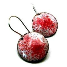 Enamel Earrings RED HOT Crimson Red and White Handmade Copper Enamel Earrings on Sterling Silver Wir Red Enamel Pierced Earrings, Red Pierced Enamel Earrings, Handmade White Enamel Earrings, Red Round Metal Earrings, Red Enamel Round Earrings, Red Round Enamel Earrings, Handmade Red Enamel Jewelry, Unique Handmade Red Earrings, Artistic Red Earrings Gift