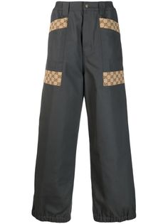 dark grey cotton monogram print classic GG canvas belt loops front button fastening two side inset pockets two rear jetted pockets elasticated ankles Loose Fit Trousers, Patterned Jeans, Gucci Monogram, Suits And Jackets, Fitted Trousers, Mens Casual Outfits, Gucci Men, Grey Cotton, Wide Leg Trousers