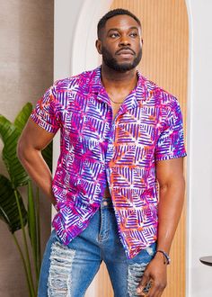 Style#M8003BRA Our Malik button-up shirt in Blue Raspberry Adire is lightweight and stylish. You can rock this versatile piece... Dashiki For Men, Latest African Men Fashion, Style Africain, African Inspired Clothing, African Clothing For Men, African Shirts