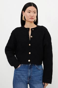 Wool Blend Button Chunky Knit Cardigan Black Button Down Sweater Outfit, Casual Denim Outfits Women, Unbuttoned Cardigan Outfit, Rib Knit Cardigan Outfit, Black Button Cardigan Outfit, Round Neck Cardigan Outfit, Cardigan Black Outfit, Black Cardigan Outfit Work, Casual Sophisticated Outfits