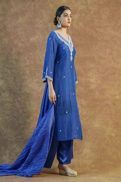 Royal blue kurta with mirror and resham embroidery. Comes with palazzo and a fawn dupatta. - Aza Fashions Pants Embroidery, V Neck Kurta, Kurta With Palazzo, Kurta Palazzo Set, Resham Embroidery, Blue Kurta, Add Sleeves, Palazzo Set, Kurti Collection