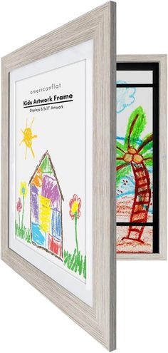 a child's artwork is displayed in a frame