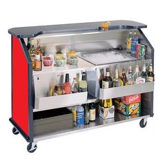 an image of a bar cart with drinks and beverages on the top shelf for sale