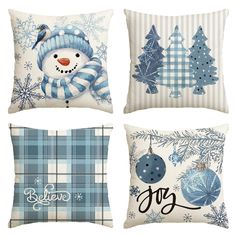 four pillows with snowman, christmas tree and plaid patterns on them are shown in three different styles