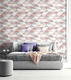 Mod Triangle Peel-and-Stick Wallpaper in Pink and Grey by NextWall Smooth Walls, Geometric Triangle, Geometric Wallpaper, Burke Decor, Shades Of Pink, Green Wallpaper, Blue Wallpapers, Self Adhesive Wallpaper, Wallpaper Roll