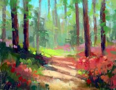 an oil painting of a path in the woods