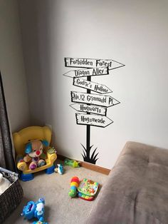 a child's bedroom with a wall decal that has many signs on it