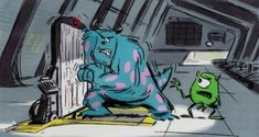 a cartoon character is standing in front of a door and another creature has their hands on the door