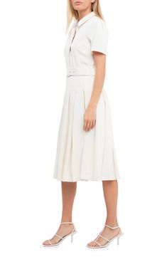 Make a polished presentation in a neatly pleated dress offered with a matched belt and a perky collar. Spread collar Short sleeves Lined 100% polyester Hand wash, dry flat Imported Elegant A-line Pleated Skirt For Daywear, Classic A-line Dress With Accordion Pleats, White Midi-length Pleated Dress For Formal Occasions, Chic Semi-formal Midi Dress With Box Pleat, Elegant Structured Pleated Dress, Chic Semi-formal Dresses With Box Pleat, Formal Midi-length Pleated Dress With Box Pleat, Elegant Midi-length Box Pleat Pleated Dress, Classic A-line Belted Dress For Formal Occasions