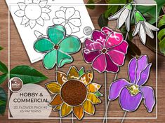 "DIGITAL DOWNLOAD * This listing is for a PDF pattern digital download. Printable. A4. Embrace the beauty of nature with this beautiful set of 5 flower patterns! Perfect for plant stakes or suncatchers, or to incorporate into other design ideas. Suitable for beginners.  FLOWER PACK 1 Also available in my shop. * This pattern/template must NOT be shared, sold or distributed in any way. * You may use this pattern for both hobby and commercial use! * Due to the nature of this digital listing I can not accept returns. In the PDF you will find: - x5 Different flower patterns with numbered pieces. With tips & tricks. Iris, Sunflower, Camellia, Snowdrops - Many of these flowers could be what ever you like with the right colours! **Join our new Facebook group for free patterns, tips and tricks, as Beginner Stained Glass Patterns, Easy Bouquet, L'art Du Vitrail, Stained Glass Patterns Free, Stained Glass Ornaments, Glass Garden Art, Stained Glass Flowers, Stained Glass Diy, Stained Glass Crafts