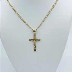 Real 10k Gold Necklace & Cross Pendant Figaro Hollow Link Necklace Yellow & White Gold Diamond Cut Necklace 20” Long Necklace - Lobster Lock 2.5mm Wide Necklace Cross Pendant Yellow Gold Cross With White Cubic Zirconia 1” Charm Cross Cadena Y Dije En Oro De 10k Cruz Mide 1 Pulgada Cadena Mide 20 Pulgadas De Larga Y 2.5 Milmetros De Ancha Dije Crucifico Con Piedra Blanca Zirconia Cadena Con Corte De Diamante Eslabn Figaro Sku 52457 Yellow Gold Plated Crucifix Jewelry, Gold Crucifix Jewelry Stamped 14k, Gold Crucifix With Figaro Chain Jewelry, 14k Gold Cross Figaro Chain Jewelry, Yellow Gold Cross Jewelry With Figaro Chain, Gold Diamond Cut Crucifix Jewelry, Hallmarked Yellow Gold Crucifix Jewelry, Gold Crucifix Necklace In 14k Gold, 14k Yellow Gold Crucifix Jewelry