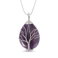 PLEASE NOTE: Our crystal stones are natural minerals and each crystal is unique. The internal ice cracks, pits, mineral points, and color differences of natural crystals are all formed naturally and are normal phenomena, which will not affect the efficacy, beauty and value of the crystal at all.This necklace is probably the most beautiful piece of jewelry you'll ever see. The intricate tree design weaved around the gorgeous purple crystal adds to this necklace's charm. Wear this magical piece ar Holistic Amethyst Gemstone Jewelry, Lavender Spiritual Crystal Pendant Necklace, Natural Stone Pendant Crystal, Natural Stone Crystal Pendant, Lavender Natural Stones Jewelry For Healing, Purple Mineral Crystal For Jewelry Making, Lavender Pendant Crystal Necklace For Spiritual Use, Spiritual Gemstone Teardrop Pendant Crystal Necklaces, Spiritual Teardrop Gemstone Crystal Necklace